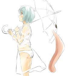  ass blue_hair blush commentary_request female karakasa_obake long_tongue panties profile raincoat see-through shirt short_hair solo tatara_kogasa tongue touhou transparent transparent_raincoat transparent_umbrella umbrella underwear white_panties yudepii 