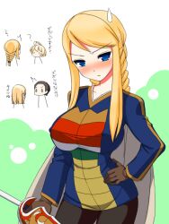  1boy agrias_oaks ahoge annoyed blonde_hair blue_eyes blush braid breasts cadd_kiriyama cape chibi chibi_inset cosplay costume_switch erect_nipples female final_fantasy final_fantasy_tactics frown hand_on_hip hips huge_breasts impossible_clothes impossible_shirt long_hair ramza_beoulve shirt short_hair sweatdrop sword translated uniform weapon 