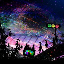  4boys 6+girls abstract bouquet broken bug bush cicada colorful dark dress drink feline film_strip flower harada_miyuki highres lamppost monitor multiple_boys multiple_girls night night_sky original ponytail radio scenery shooting_star short_ponytail silhouette sky star_(sky) star_(symbol) starry_sky traffic_light tree umbrella 