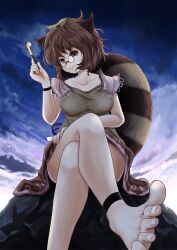  animal_ears anklet bare_legs barefoot blue_sky brown_eyes brown_hair collarbone commentary_request crossed_legs feet female foot_focus foreshortening futatsuiwa_mamizou glasses jewelry kiseru kurona leaf leaf_on_head photoshop_(medium) pince-nez raccoon_ears raccoon_tail rock shirt short_hair sitting sitting_on_rock skirt sky smoking_pipe solo tail tanuki toenails toes touhou 