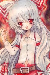  belt blush bow commentary_request female fujiwara_no_mokou grey_hair hairbow long_hair navel nib_pen_(medium) open_mouth painting_(medium) pants red_eyes smile solo suspenders tetrak touhou traditional_media very_long_hair watercolor_(medium) 