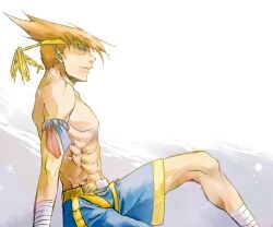  1boy abs adon_(street_fighter) ankle_wrap arm_support arm_wrap armband blue_shorts commentary_request hand_wraps headband hikage_mono male_focus mongkhon muscular orange_hair photoshop_(medium) shorts solo spiked_hair street_fighter topless_male 