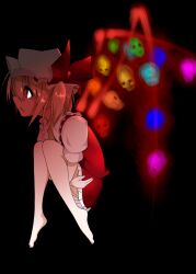  bad_id bad_pixiv_id bare_legs barefoot blonde_hair darkness female flandre_scarlet glowing glowing_wings hat hat_ribbon hugging_own_legs mattari_yufi red_eyes ribbon shirt side_ponytail skirt skirt_set skull solo touhou wings 