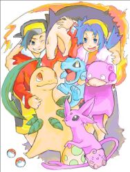  1boy backwards_hat baseball_cap bayleef black_hair blue_hair clefairy egg espeon ethan_(pokemon) female forked_tail hat kris_(pokemon) mese_(tegaki) poke_ball pokemon pokemon_(creature) pokemon_gsc slowpoke stuffed_toy tail tegaki totodile twintails typhlosion 