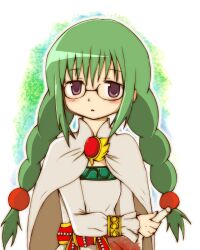  blush braid breasts cape dress female glasses green_hair long_hair mahou_shoujo_madoka_magica parody philia_felice purple_eyes style_parody sword tales_of_(series) tales_of_destiny weapon 