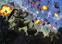  aircraft airplane artist_request battle bazooka_(gundam) dom_(mobile_suit) dopp explosion firing gaw gouf gun gundam highres jungle machine_gun mecha mobile_suit_gundam nature no_humans robot tree war weapon whip zaku zaku_ii zaku_ii_f/j 