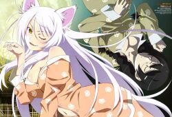  2girls absurdres animal_ears bakemonogatari black_hair black_hanekawa braid breasts cat_ears cleavage dual_persona glasses hanekawa_tsubasa highres large_breasts long_hair monogatari_(series) multiple_girls navel nekomonogatari newtype oerba_yun_fang official_art one_eye_closed pajamas scan single_braid white_hair yellow_eyes 