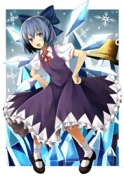  bad_id bad_pixiv_id blue_dress blue_hair bow cirno dress female grey_eyes hairbow hands_on_own_hips highres ice ice_wings icicle kuhotaka looking_at_viewer mary_janes open_mouth photoshop_(medium) pyonta ribbon shirt shoes short_hair smile socks solo touhou wings 