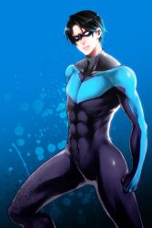  1boy animification bad_id bad_pixiv_id black_hair covered_abs dc_comics male_focus mask navel nightwing skin_tight solo spandex superhero_costume tachibana_(ghosts_0119) toned toned_male 