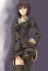  black_hair black_panties blood blood_on_clothes blood_on_face blue_eyes commentary_request female formal garter_straps hand_on_own_hip jacket jormungand_(manga) karen_low office_lady panties pencil_skirt prime_(prime_tw) short_hair skirt skirt_suit solo suit thighhighs torn_clothes torn_thighhighs underwear 