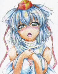  bad_id bad_pixiv_id bare_shoulders blush breasts chestnut_mouth colored_pencil_(medium) detached_sleeves female green_eyes hat highres inubashiri_momiji kitazinger large_breasts open_mouth short_hair sideboob solo tokin_hat touhou traditional_media upper_body white_hair 