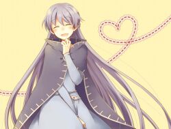  :d belly_chain between_legs blue_dress blush cape cloak closed_eyes commentary_request dress female fire_emblem fire_emblem:_the_binding_blade hand_between_legs heart jewelry long_hair long_sleeves open_mouth photoshop_(medium) purple_hair serina_ranshi simple_background smile solo sophia_(fire_emblem) very_long_hair 