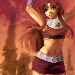  2012 armpits arms_up bad_id bad_pixiv_id commentary_request dc_comics female gorget green_eyes long_hair midriff miniskirt navel parted_lips prink realistic red_theme signature skirt smile solo starfire teen_titans 