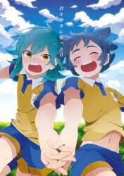  2boys bad_id bad_pixiv_id blush closed_eyes cloud day grass holding_hands inazuma_eleven_(series) inazuma_eleven_go interlocked_fingers kageyama_hikaru kariya_masaki lightning_bolt_symbol long_hair male_focus midriff multiple_boys navel open_mouth purple_hair raimon raimon_soccer_uniform sky smile soccer_uniform sportswear yupopo_(hidame) 