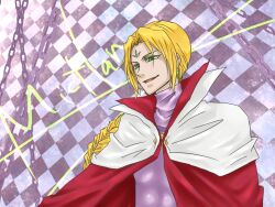  1boy blonde_hair braid cape chains character_name facial_mark facial_markings green_eyes long_hair miktran open_mouth tales_of_(series) tales_of_destiny 