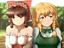  2girls alternate_costume bare_shoulders blonde_hair blush bow braid breasts brown_eyes brown_hair buttons commentary_request hair_ribbon hairband hairbow hakurei_reimu jewelry kirisame_marisa long_hair medium_breasts multiple_girls necklace no_headwear ribbon shirosato single_braid strapless touhou upper_body 