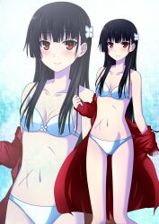  bikini black_hair blush breasts cleavage commentary_request female flower hair_flower hair_ornament highres hydrangea kenken long_hair navel red_eyes sanka_rea sankarea scar small_breasts smile solo stitches swimsuit white_bikini zoom_layer 