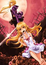  2girls blonde_hair commentary_request doughnut dress dual_persona dutch_angle food highres jacket kokorowatari ks_(xephyrks) legs long_hair monogatari_(series) multiple_girls nisemonogatari oshino_shinobu pantyhose photoshop_(medium) side_ponytail sword teenage weapon yellow_eyes 