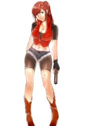  abs bike_shorts blood blue_eyes breasts claire_redfield cleavage crop_top denim denim_shorts female fingerless_gloves gloves gun halterneck handgun head_tilt highres kisaragi_(domino) large_breasts midriff navel ponytail red_hair resident_evil shorts simple_background solo weapon white_background 