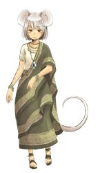  alternate_costume animal_ears blush bracelet commentary_request dress female gem grey_hair indian indian_clothes jewelry mouse_ears mouse_tail nazrin necklace pendant red_eyes sandals sari shirt short_hair short_sleeves simple_background sitting solo tail touhou white_background yudepii 