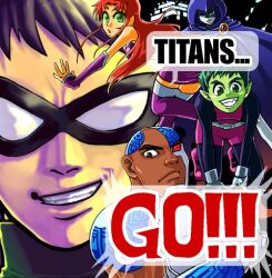  2girls 3boys akikoke beast_boy_(dc) cape commentary_request copyright_name cyborg_(dc) dc_comics dick_grayson domino_mask everyone grin mask multiple_boys multiple_girls raven_(dc) robin_(dc) smile starfire teen_titans 