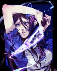  alice:_madness_returns alice_liddell_(american_mcgee&#039;s_alice) american_mcgee&#039;s_alice araya_(hachino_araya) arm_up bad_id bad_pixiv_id blue_eyes blue_theme bug butterfly female knife parted_lips short_sleeves solo 