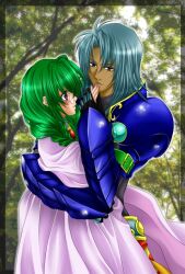  1boy armor blue_eyes blue_hair blush cape female glasses gloves green_hair philia_felice purple_eyes tales_of_(series) tales_of_destiny tomygrave woodrow_kelvin 