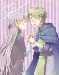  1boy blush cape cloak commentary_request couple female fire_emblem fire_emblem:_the_binding_blade green_eyes green_hair heart holding_hands long_hair long_sleeves open_mouth photoshop_(medium) purple_eyes purple_hair raigh_(fire_emblem) serina_ranshi sophia_(fire_emblem) straight striped striped_background vertical_stripes very_long_hair 