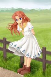  arms_behind_back ascot blue_eyes blush boots breasts brown_footwear closed_mouth collarbone commentary_request dress female fence full_body grass leaning_forward long_dress long_hair looking_at_viewer malon mountainous_horizon outdoors pointy_ears red_hair short_sleeves small_breasts smile solo sora_(sunday_sky) standing the_legend_of_zelda the_legend_of_zelda:_ocarina_of_time white_dress wooden_fence 