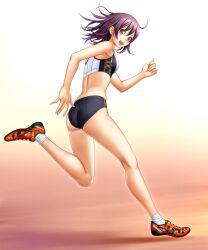  brown_eyes buruma female highres kuri_(kurigohan) original photoshop_(medium) purple_hair running short_hair solo sports_bikini track_and_field track_uniform 