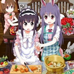  3girls :t animal_ears apron arm_grab bell_pepper bow bowl brown_hair carnation carrot chair chips_(food) commentary_request cooking cooking_pot counter cutting_board dress eating eggplant flower flower_pot food grey_eyes hairband hand_on_another&#039;s_shoulder headdress houraisan_kaguya inaba_tewi jewelry kitchen kitchen_knife knife long_hair maid_headdress meat multiple_girls necklace onion open_mouth pink_dress potato potato_chips purple_hair rabbit rabbit_ears recycle_bin red_carnation red_eyes red_flower red_pepper reisen_udongein_inaba ribbon ruu_(tksymkw) salad shirt short_hair sitting skirt sleeves_rolled_up smile table touhou vegetable yellow_pepper |_| 