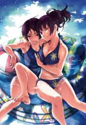  2girls ball beachball bikini breasts cleavage family feet halterneck imageboard_desourced innertube kanoe_kirie kanoe_yuuko maybe medium_breasts multiple_girls navel non-web_source official_art one-piece_swimsuit one_eye_closed partially_submerged purple_eyes purple_hair school_swimsuit swim_ring swimsuit tasogare_otome_x_amnesia wading_pool water wet 