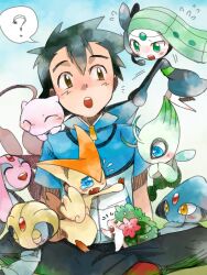  1boy :o ? ^_^ antennae azelf bad_id bad_pixiv_id black_hair blue_eyes blue_skin blush brown_eyes celebi closed_eyes cloud cloudy_sky collar_grab colored_skin crossed_arms day floating flying forehead_jewel gekka_kaede green_eyes green_skin hand_on_another&#039;s_chest happy head_rest indian_style lolicon looking_at_viewer male_focus meloetta meloetta_(aria) mesprit mew_(pokemon) musical_note no_headwear oerba_yun_fang on_lap on_shoulder open_mouth pink_skin pokemon pokemon_(anime) pokemon_(creature) pokemon_on_lap pokemon_on_shoulder satoshi_(pokemon) shaymin shaymin_(land) sitting sky sleeping sleeping_upright smile spoken_question_mark teardrop tears uxie victini wings yellow_eyes 