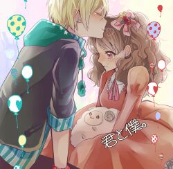  1boy bad_id bad_pixiv_id balloon blonde_hair blush brown_hair closed_eyes dress earrings female heart hood hoodie jewelry kimi_to_boku kissing kissing_forehead lamb long_hair red_eyes satou_masaki_(kimi_to_boku) sheep short_hair sio_azuki stuffed_animal stuffed_sheep stuffed_toy tachibana_chizuru_(kimi_to_boku) tears 