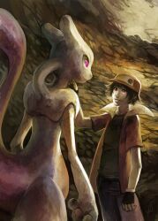  1boy baseball_cap black_gloves black_hair cave commentary_request fingerless_gloves glitchedpuppet gloves hat height_difference mewtwo pants pokemon pokemon_(creature) pokemon_rgby purple_eyes realistic red_(pokemon) red_eyes shirt short_sleeves signature standing 