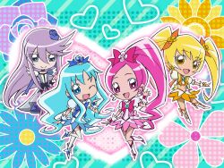  4girls :d ;d blue_skirt boots bow brooch chibi choker cure_blossom cure_marine cure_moonlight cure_sunshine elbow_gloves eyelashes floral_background flower gloves hanasaki_tsubomi heart heart_brooch heartcatch_precure! high_ponytail highres jewelry knee_boots kurumi_erika looking_at_viewer multiple_girls myoudouin_itsuki official_art official_wallpaper one_eye_closed open_mouth orange_bow photoshop_(medium) pink_bow pink_choker polka_dot polka_dot_background precure rose single_elbow_glove single_glove skirt smile sunflower tsukikage_yuri umakoshi_yoshihiko waist_bow yellow_bow 