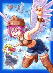  2girls acrylic_paint_(medium) alternate_costume alternate_wings bare_shoulders bird blonde_hair boots breasts cleavage commentary_request denim denim_shorts flying hat kawachi_koorogi medium_breasts midriff multiple_girls mystia_lorelei nail_polish navel open_mouth painting_(medium) pink_eyes pink_hair red_eyes rumia short_hair shorts smile sparrow thigh_boots thighhighs touhou traditional_media wings 