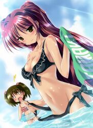  2girls :3 absurdres bare_shoulders bikini black_bikini blue_sky blush body_blush breasts brown_eyes brown_hair cleavage day dutch_angle flat_chest front-tie_top highres innertube komatsu_eiji kousaka_tamaki long_hair medium_breasts multiple_girls navel o_o open_mouth photoshop_(medium) pink_bikini red_hair scan short_twintails side-tie_bikini_bottom sky swim_ring swimsuit to_heart_(series) to_heart_2 towel twintails untied wading water yuzuhara_konomi 