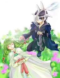  1boy black_eyes black_hair cape closed_eyes female frills green_hair judas mask pants philia_felice robe shoes sleeping tales_of_(series) tales_of_destiny tales_of_destiny_2 