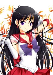  arm_up back_bow bishoujo_senshi_sailor_moon black_hair bow brooch choker commentary earrings elbow_gloves female gloves heart heart_brooch hino_rei jewelry long_hair magical_girl p.kibi photoshop_(medium) pleated_skirt purple_eyes red_sailor_collar red_skirt ribbon sailor_collar sailor_mars sailor_senshi_uniform skirt smile solo star_(symbol) star_choker super_sailor_mars tiara white_gloves 