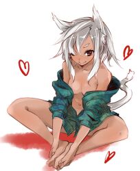  animal_ears bare_shoulders barefoot breasts butterfly_sitting cardigan cat_ears cat_tail commentary_request dark-skinned_female dark_skin female hands_on_feet heart holding_own_foot medium_breasts naked_sweater navel off_shoulder one_eye_closed open_cardigan open_clothes original photoshop_(medium) red_eyes sasetsu simple_background sitting sleeves_pushed_up smile solo sweater tail white_hair 