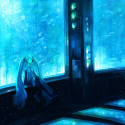  aquarium bad_id bad_pixiv_id blue_theme boots bubble closed_eyes detached_sleeves female fish hatsune_miku headset light light_purple_hair long_hair music necktie nomiya_(no_38) open_mouth photoshop_(medium) saturn_(planet) scenery singing solo thigh_boots thighhighs twintails vocaloid 