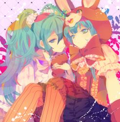  2girls animal_hood aqua_eyes aqua_hair bow bowtie commentary_request frills hatsune_miku holding_hands hood lol_-lots_of_laugh-_(vocaloid) long_hair multiple_girls pantyhose rabbit_hood scrunchie sitting striped_clothes striped_pantyhose vertical-striped_clothes vertical-striped_pantyhose vocaloid yumenouchi_chiharu 