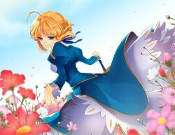  ahoge arnoul artoria_pendragon_(fate) bad_id bad_pixiv_id blonde_hair blue_eyes blurry cosmos_(flower) depth_of_field dress excalibur_(fate/stay_night) fate/stay_night fate_(series) female flower green_eyes hair_ribbon hand_on_hilt photoshop_(medium) ribbon saber_(fate) solo 