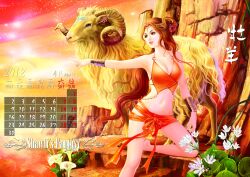  animal aries_(zodiac) bare_legs barefoot blue_eyes breasts calendar_(medium) calla_lily cleavage commentary cuffs female flower hair_ornament highres horns knees legs long_hair medium_breasts midriff navel original personification pointing red_hair red_lips ribbon shawli sheep shiny_skin sun sunset thighs zodiac 