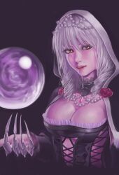  breasts choker claw_(weapon) cleavage commentary_request drill_hair female flower gem grey_hair highres hood jewelry large_breasts murasaki-sin necklace orb pearl_(gemstone) red_eyes rose solo soulcalibur soulcalibur_v viola_(soulcalibur) weapon 