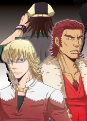  3boys antonio_lopez barnaby_brooks_jr. blonde_hair bracelet brown_hair cabbie_hat chest_hair commentary_request dark-skinned_male dark_skin glasses green_eyes hat jacket jewelry kaburagi_t._kotetsu kashiwa_(kishiro) male_focus multiple_boys necklace red_hair red_jacket tiger_&amp;_bunny v-neck vest waistcoat watch wristwatch 