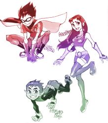  2boys animification beast_boy_(dc) boots cape character_name commentary_request dc_comics dick_grayson female gradient multiple_boys robin_(dc) sen_(sen69) starfire teen_titans thigh_boots thighhighs white_background 