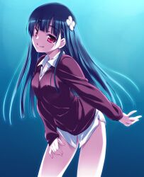  blunt_bangs bottomless dress_shirt female flower hair_flower hair_ornament hand_on_thigh hoshizaki_hikaru long_hair no_pants photoshop_(medium) red_eyes sanka_rea sankarea shirt smile solo sweater 