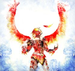  1boy aki_(dododomo) ankh_(ooo) claws commentary_request feathers highres kamen_rider kamen_rider_ooo_(series) male_focus solo wings 